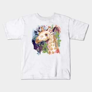 Colorful Giraffe with Leaves and Flowers Kids T-Shirt